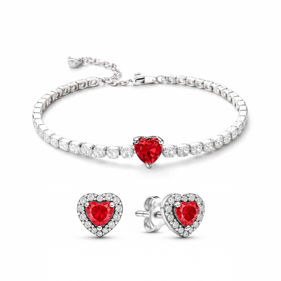 Set bijuterii Cercei si Bratara Red Heart Cu Argint