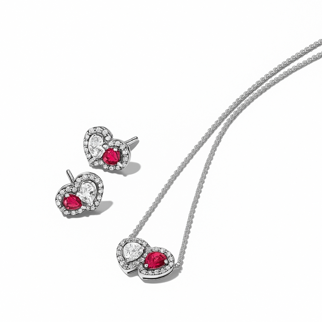 Set bijuterii Cercei si Colier Dublu Heart cu Argint