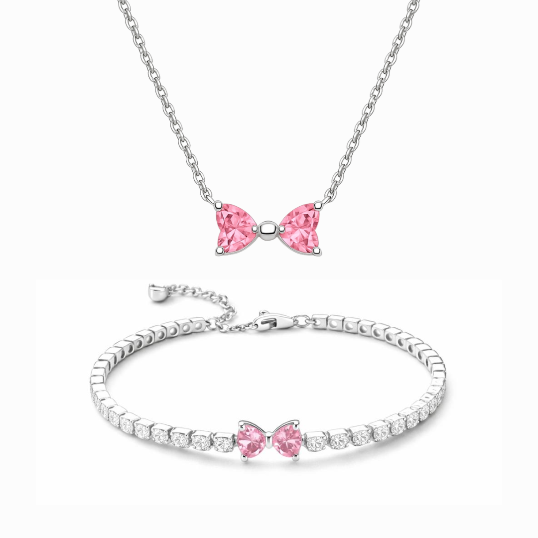 Set bijuterii Colier si Bratara Pink Bow Cu Argint