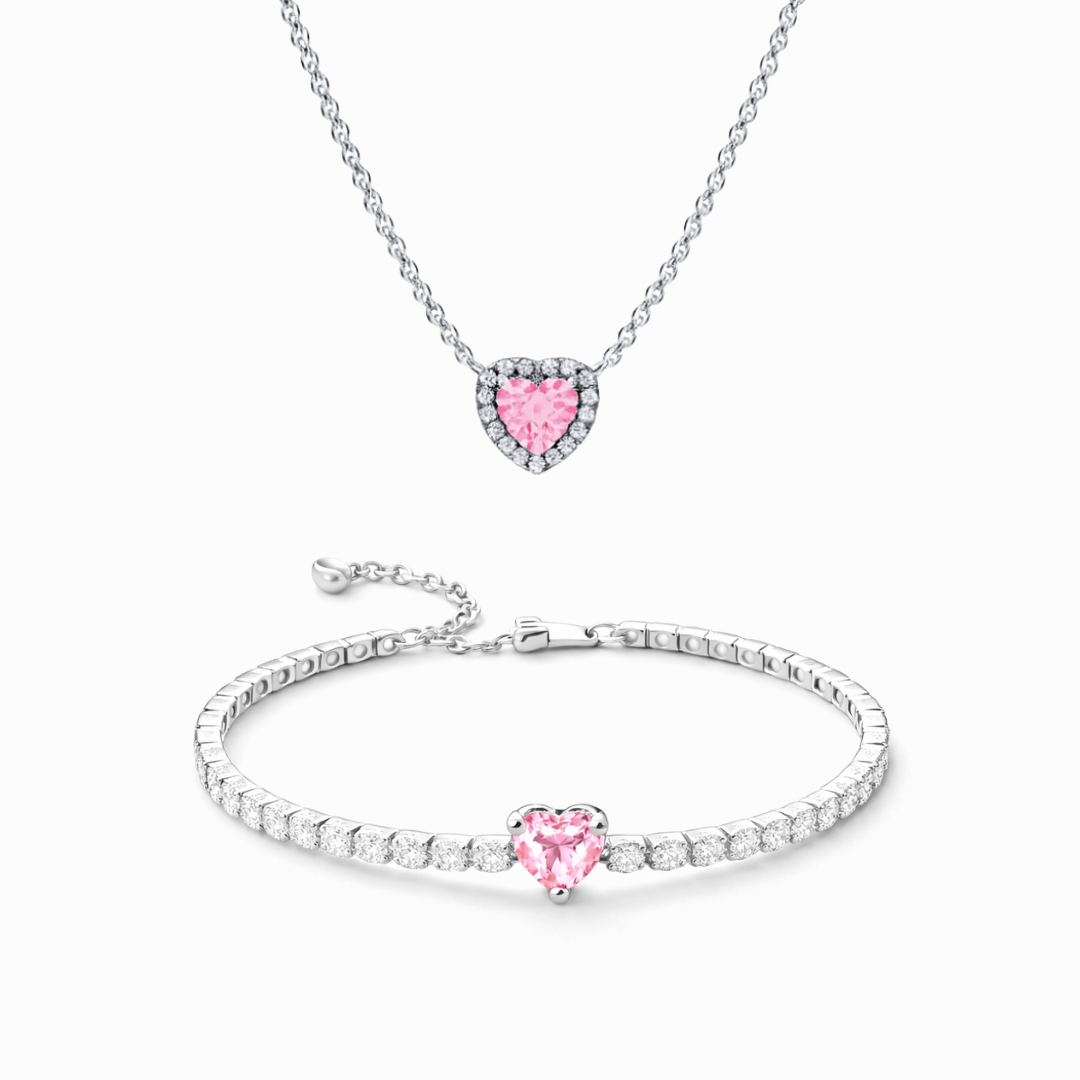 Set bijuterii Colier si Bratara Pink Heart Cu Argint
