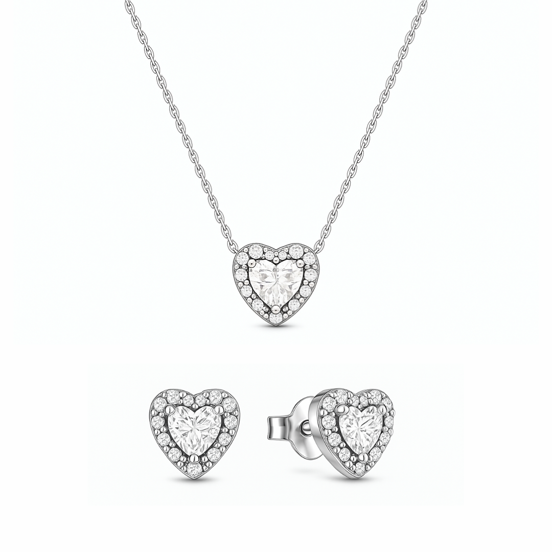 Set bijuterii Colier si Cercei White Heart cu Argint