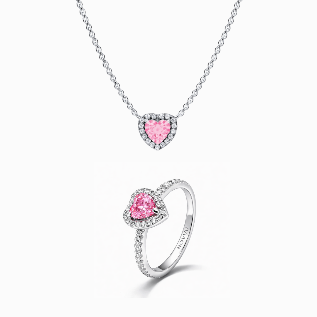Set bijuterii Colier si Inel Pink Heart Heart Cu Argint - 48