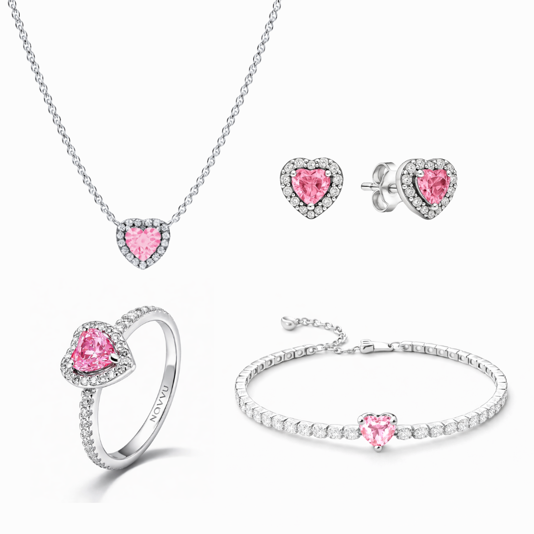 Set bijuterii Inel,Cercei,Bratara si Colier Pink Heart - 48