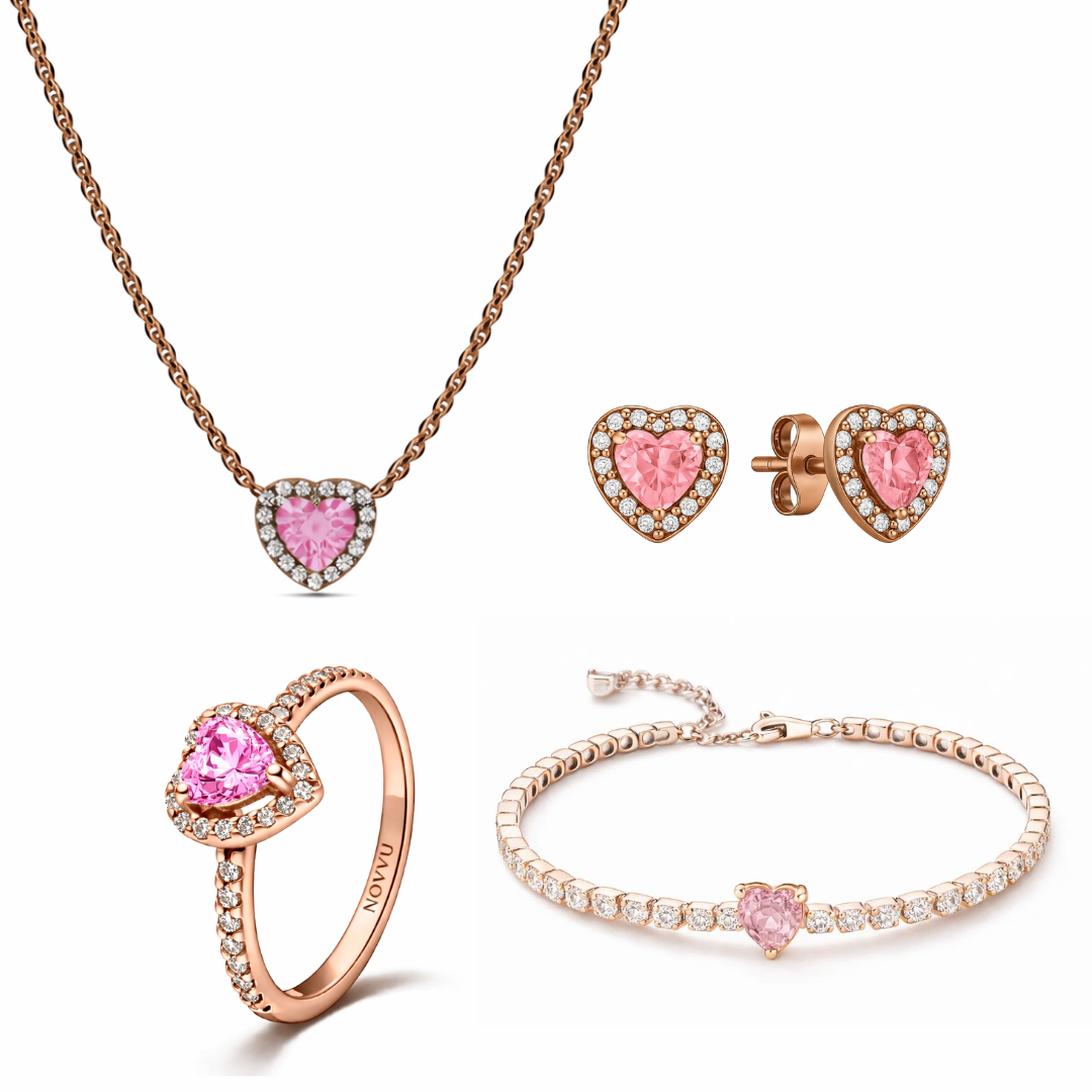 Set bijuterii Inel,Cercei,Bratara si Colier Rose Pink Heart Silver Cu Argint - 48