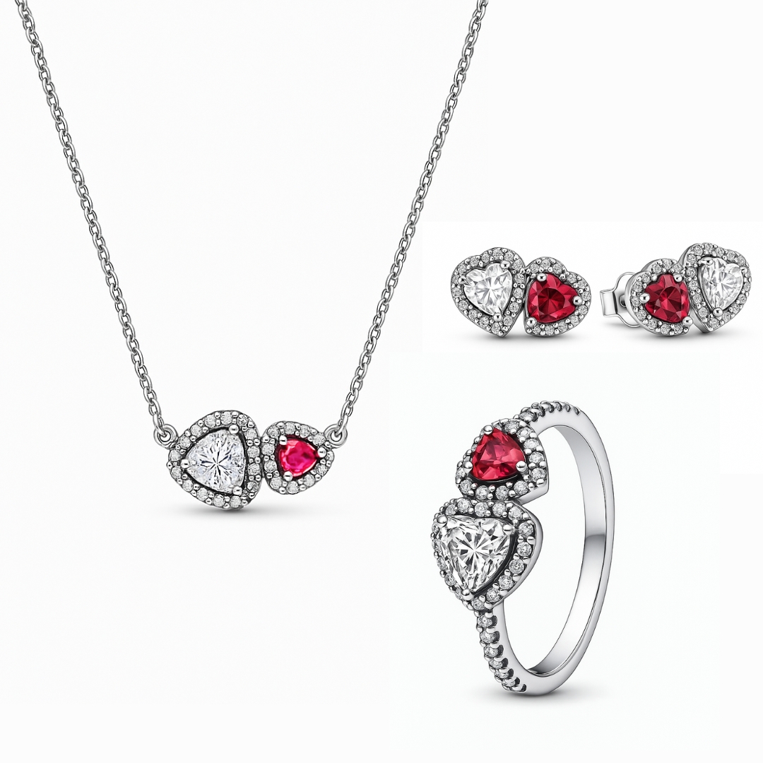 Set bijuterii Inel,Cercei si Colier Dublu Heart cu Argint - 48