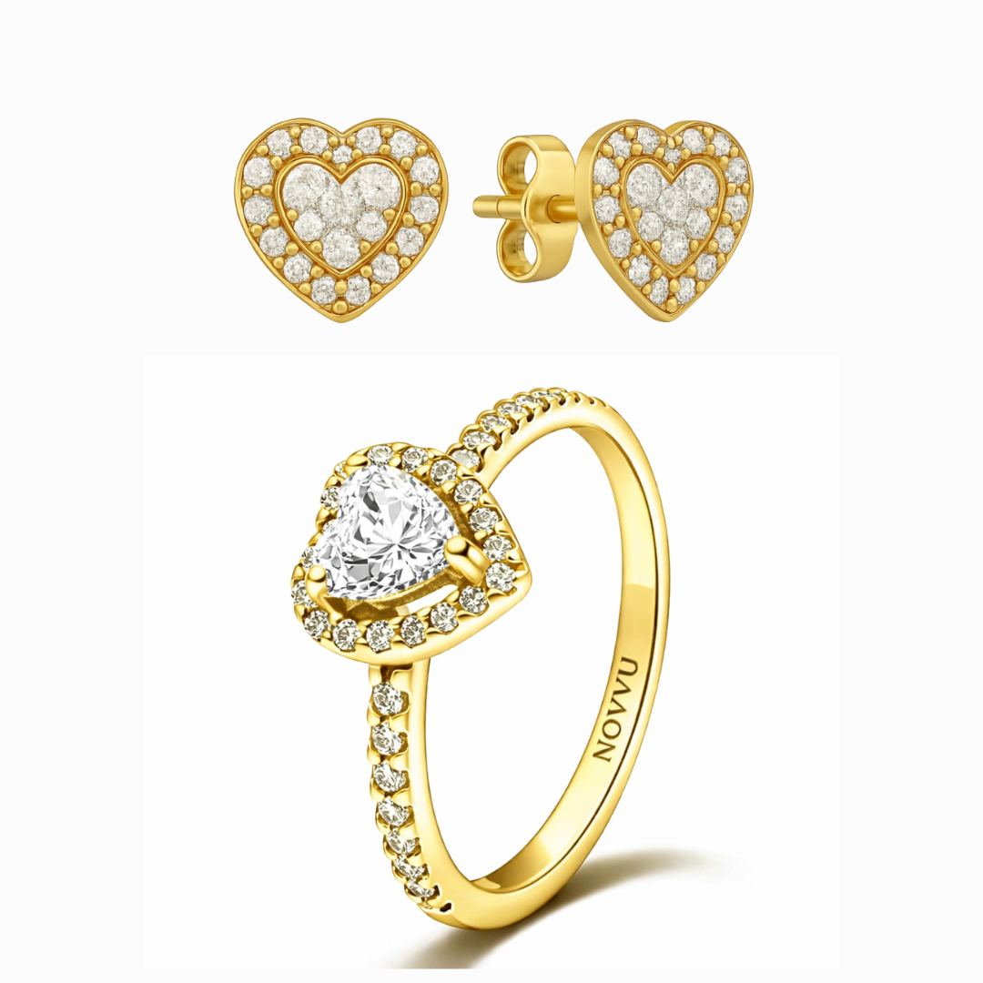 Set bijuterii Inel si Cercei Gold White Heart Cu Argint