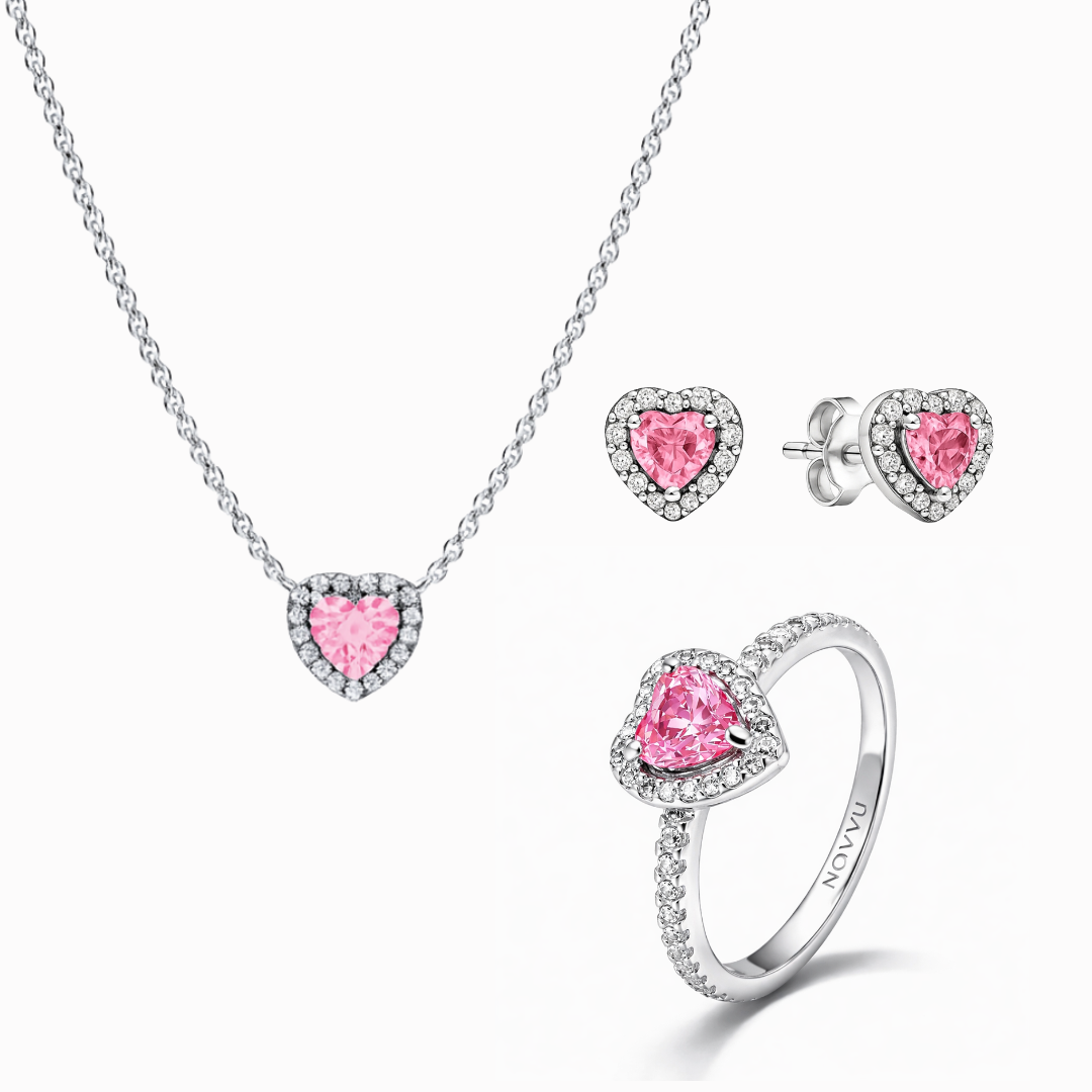 Set bijuterii Inel,Cercei si Colier Pink Heart cu Argint - 48