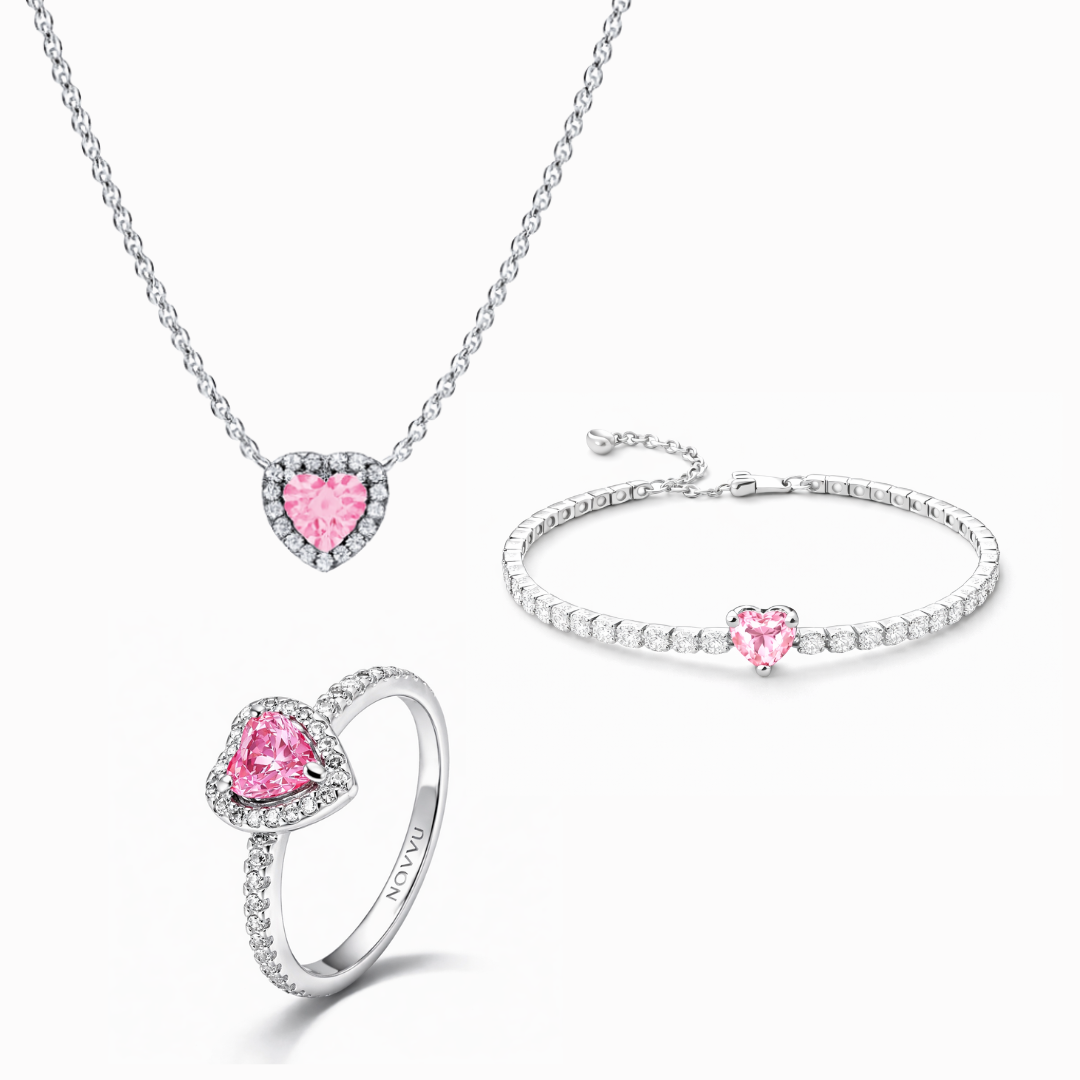 Set bijuterii Inel,Colier si Bratara Pink Heart Cu Argint - 48