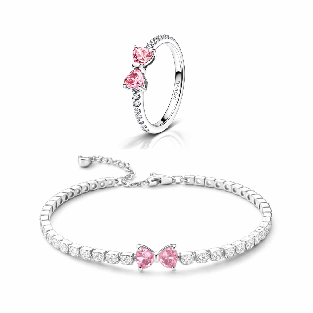 Set bijuterii Inel si Bratara Pink Bow cu Argint - 48