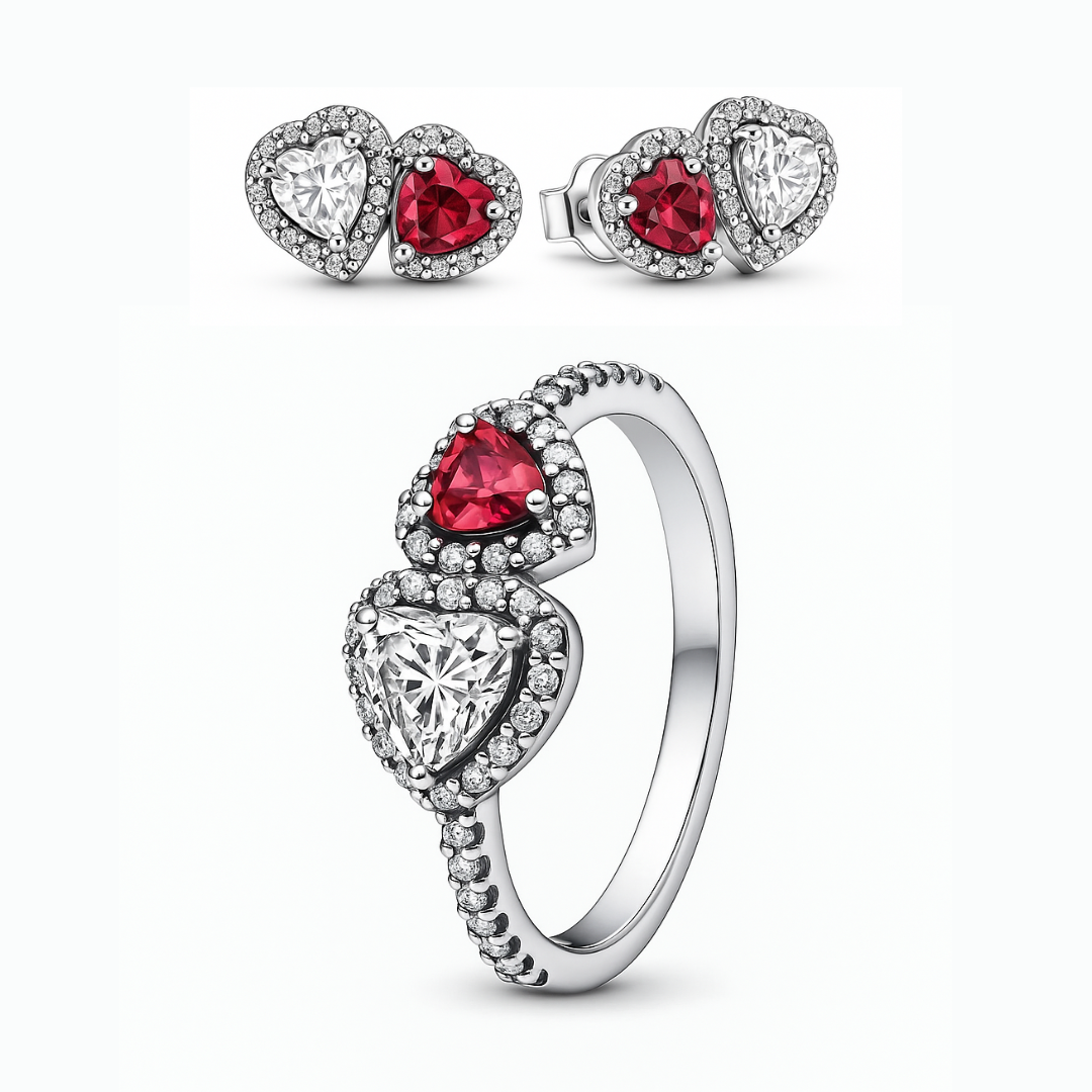 Set bijuterii Inel si Cercei Dublu Heart cu Argint - 48