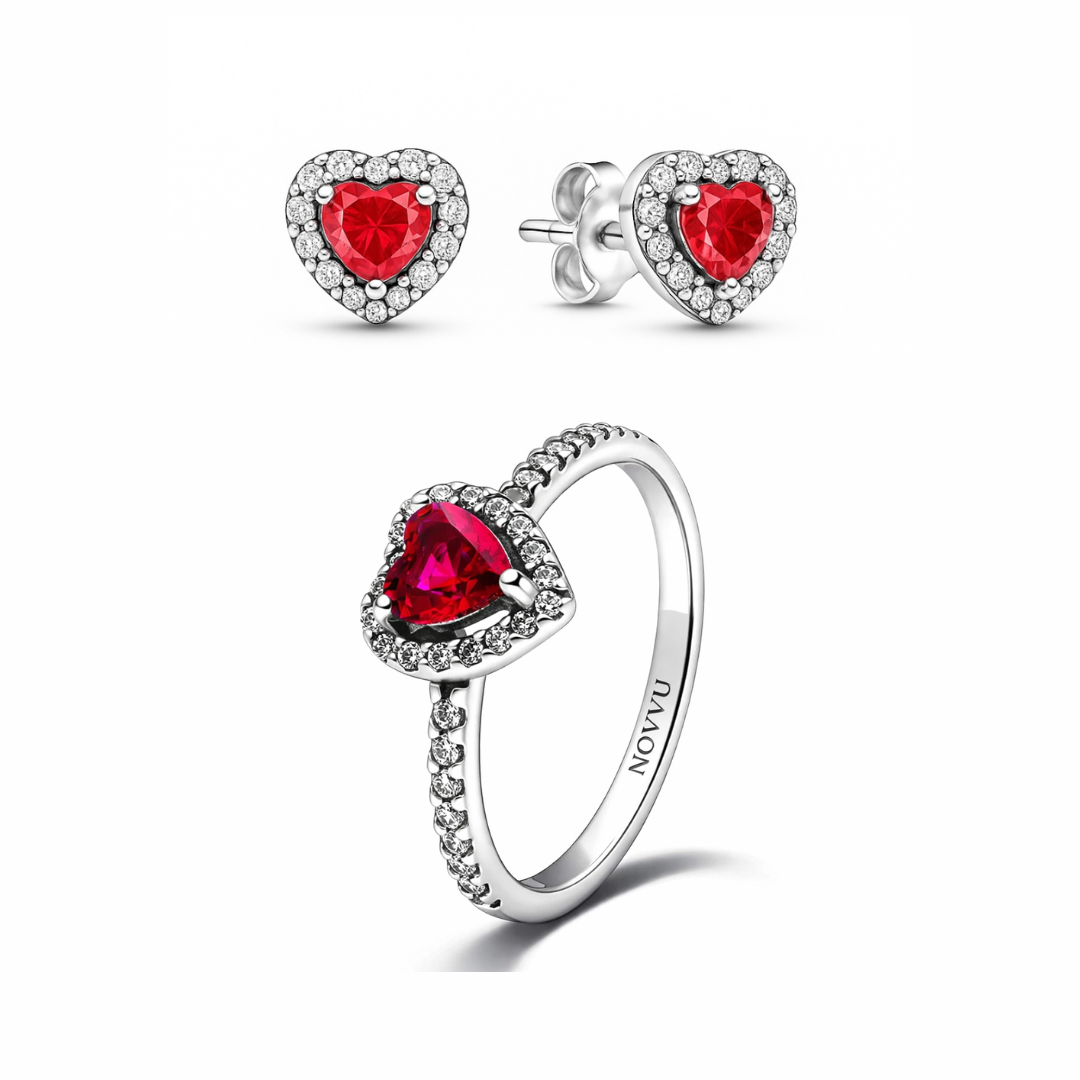 Set bijuterii Inel si Cercei Red Heart cu Argint - 48