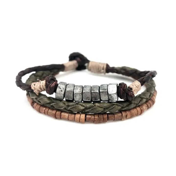 Set brățară bărbăti din piele, lemn și metal | Bold