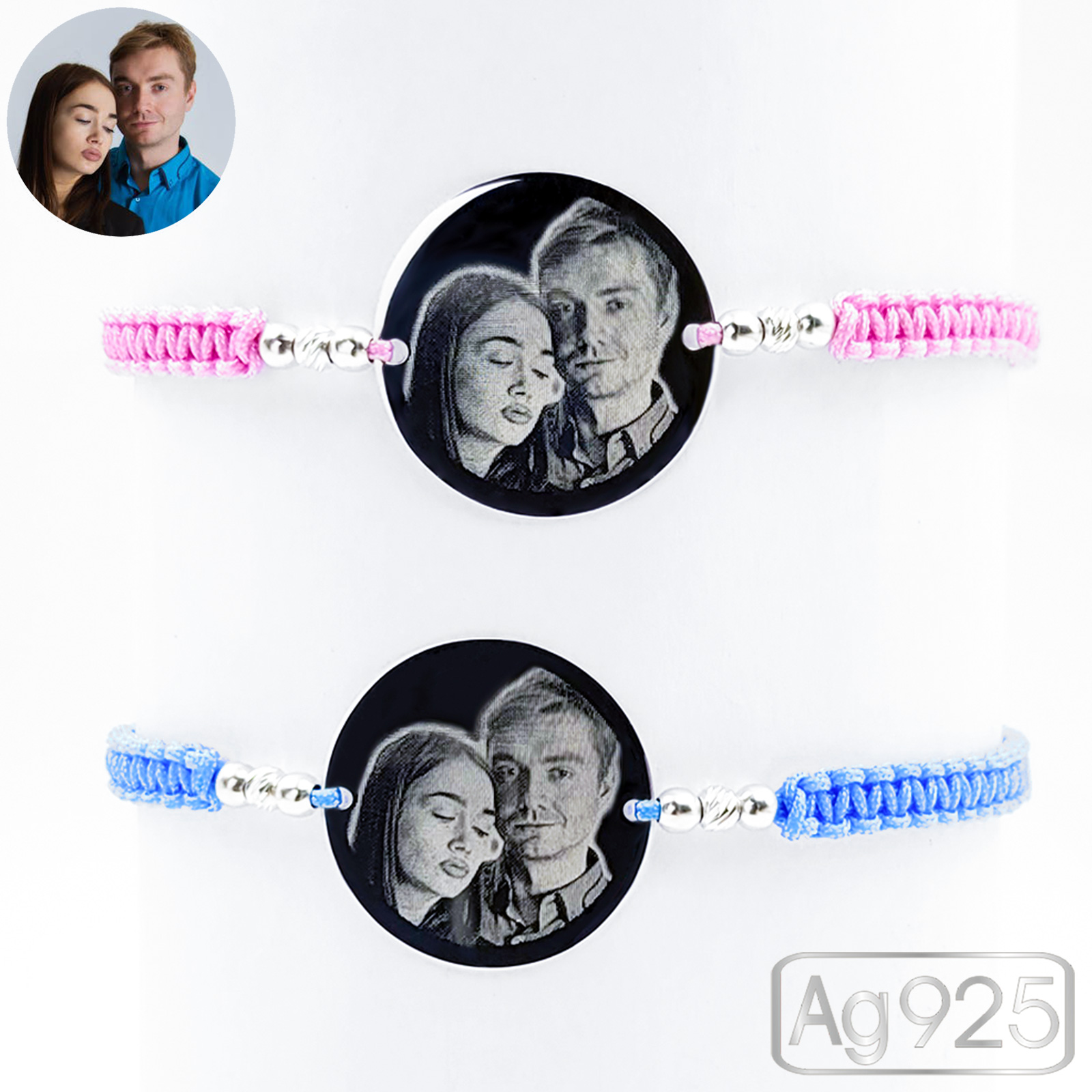 Set bratari personalizate cu poza din argint - Banut 22mm - Snur impletit si bilute Ag