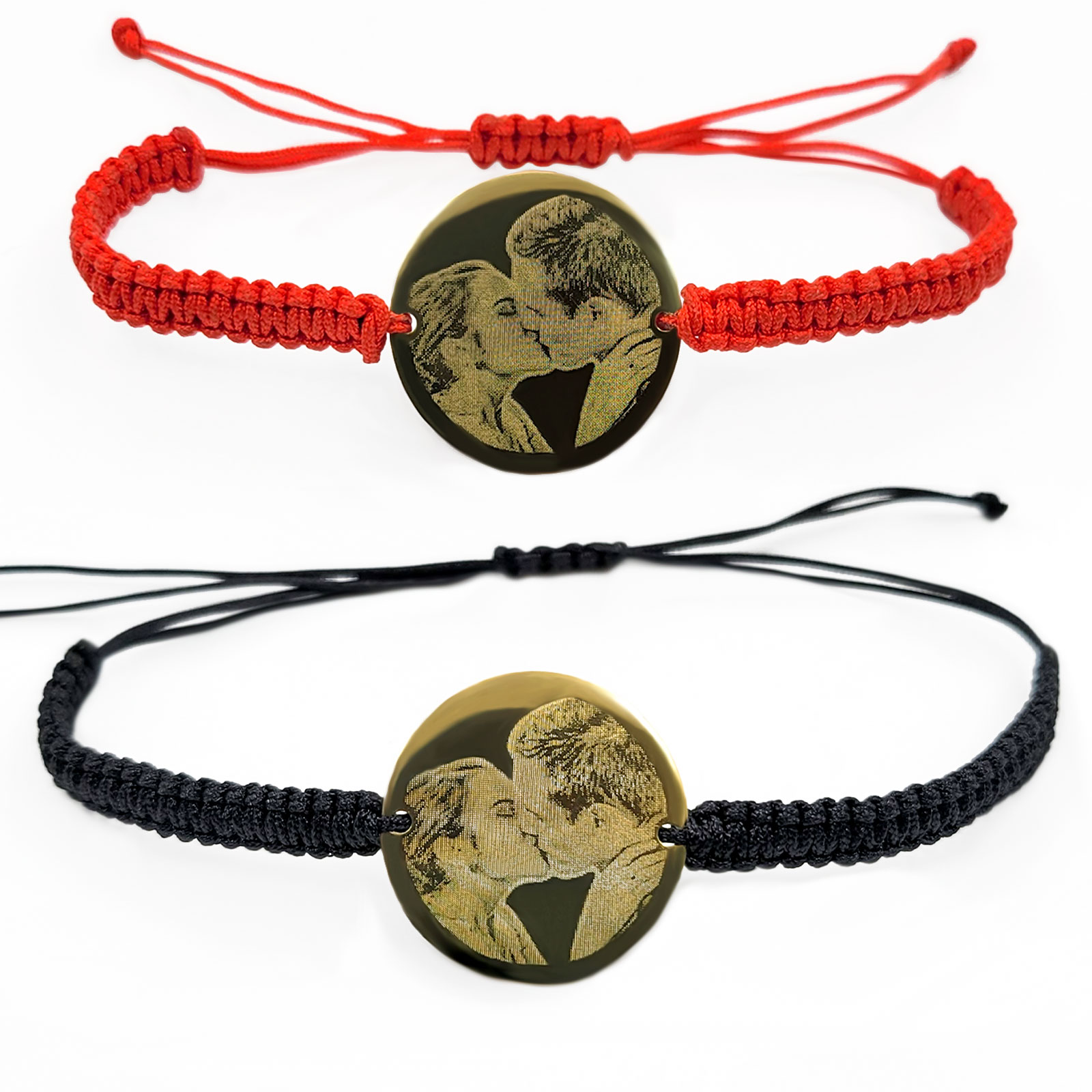 Set bratari personalizate cu poza din argint placat cu aur - Banut 22mm - Snur impletit