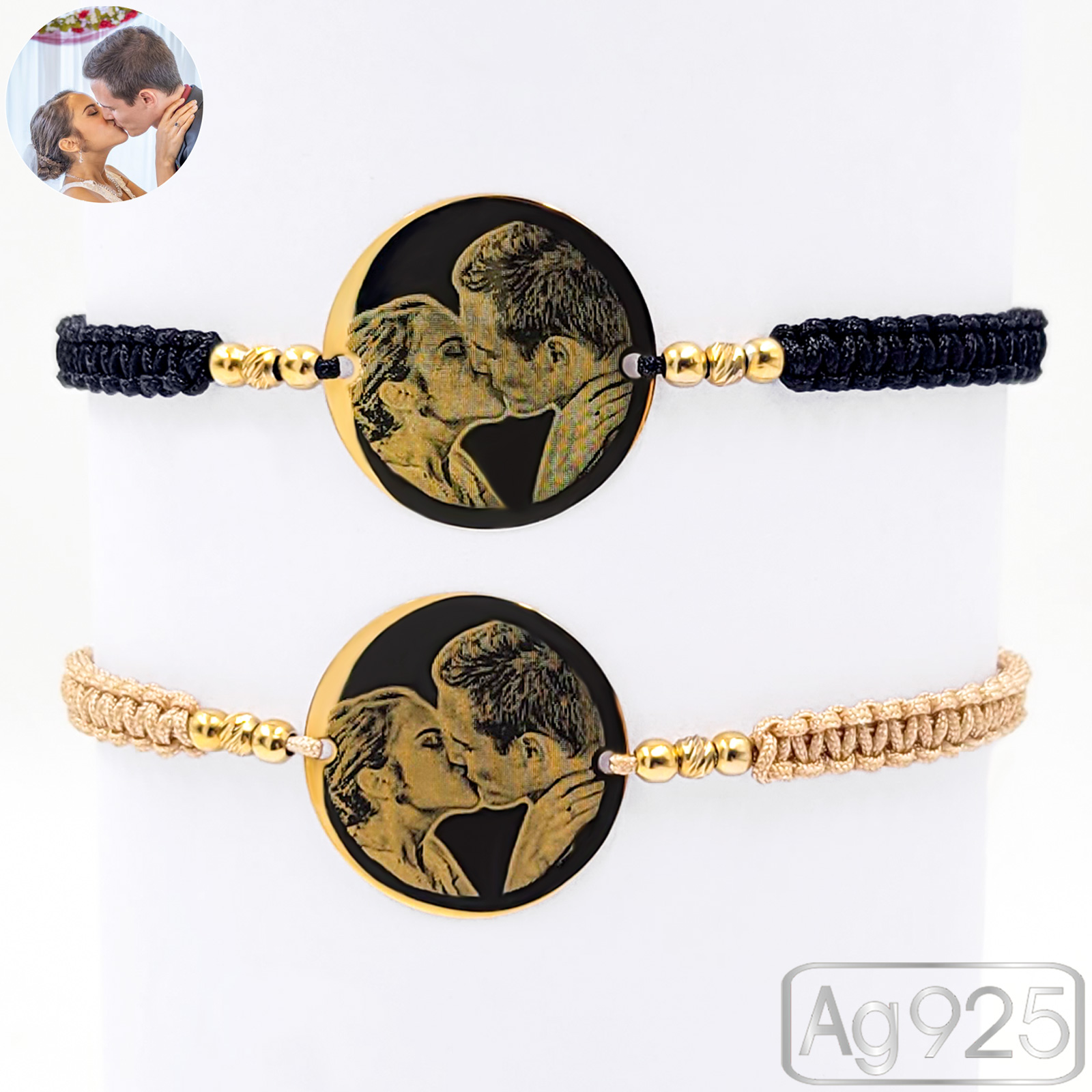 Set bratari personalizate cu poza din argint placat cu aur - Banut 22mm - Snur impletit si bilute Ag