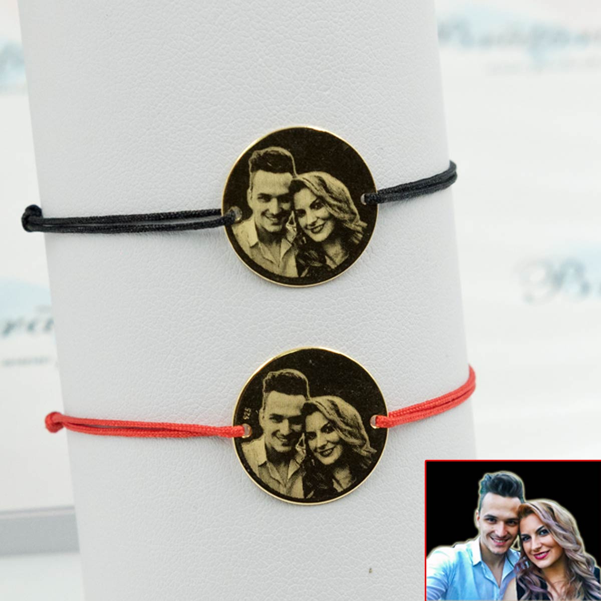 Set bratari personalizate cu poza din argint placat cu aur - Banut 22mm - Snur reglabil