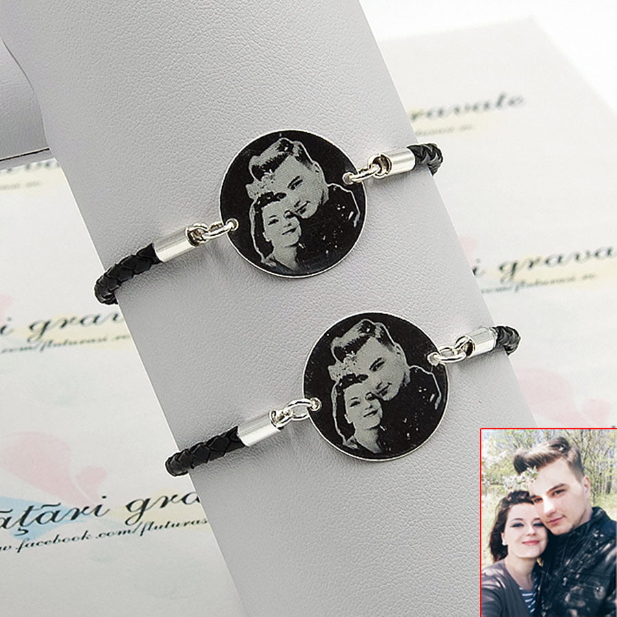 Set bratari piele cu argint personalizate prin gravura - Banut 22mm