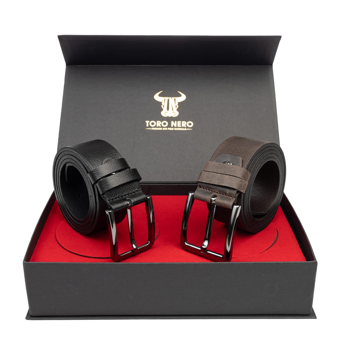Set cadou barbati din piele naturala curea casual+curea eleganta negru-maro Night-Industrial - 130 cm
