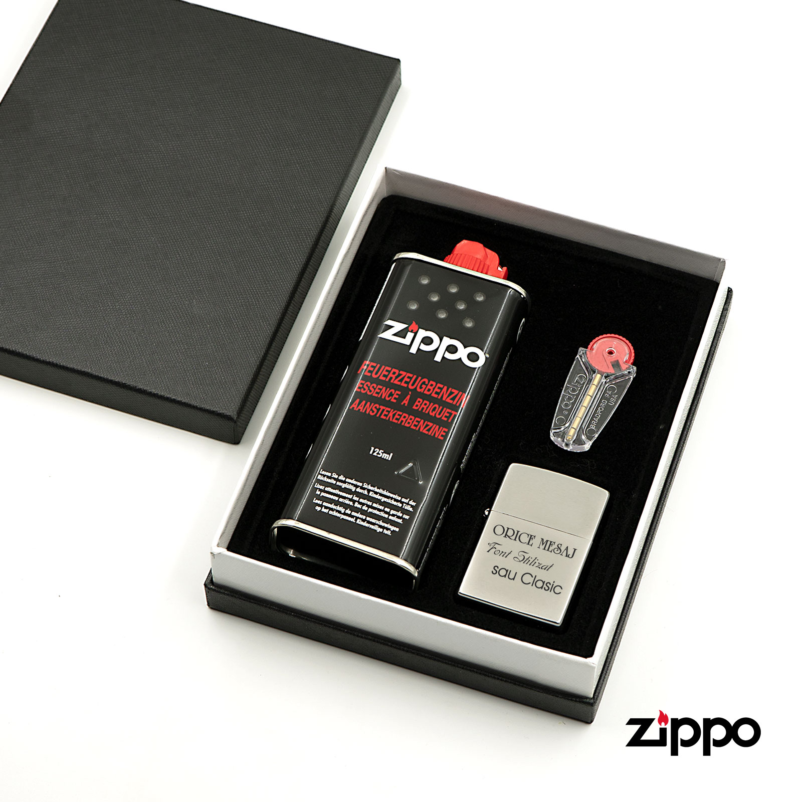 Set Cadou - Bricheta Zippo personalizata prin gravura