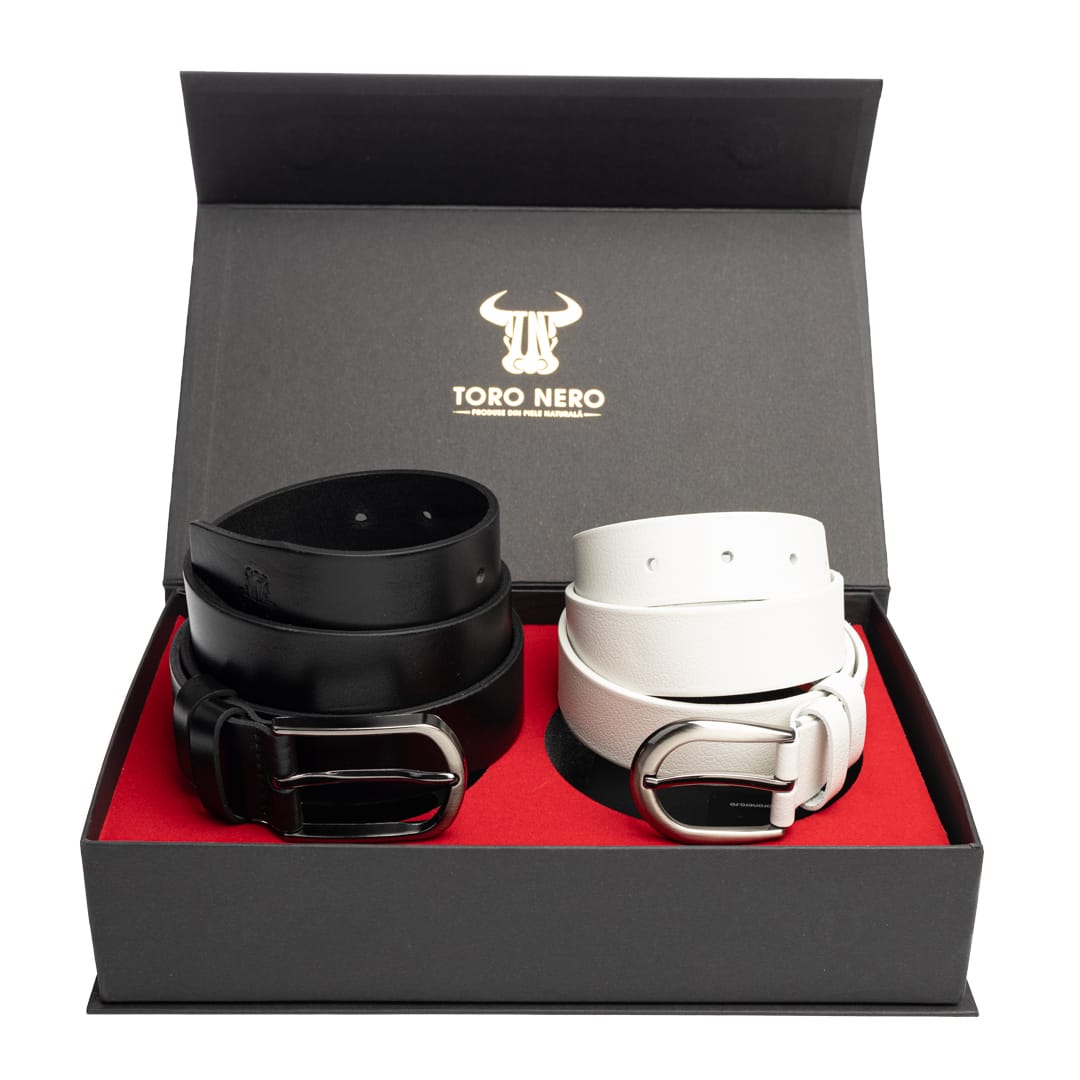 Set cadou din piele naturala curea femei+curea barbati alb-negru Elegant-Matte - 125 cm / 135 cm