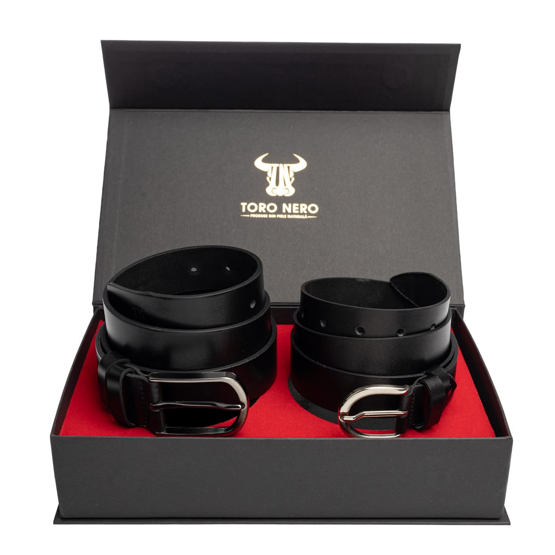 Set cadou din piele naturala curea femei+curea barbati negru Middle-Matte - 120 cm / 135 cm