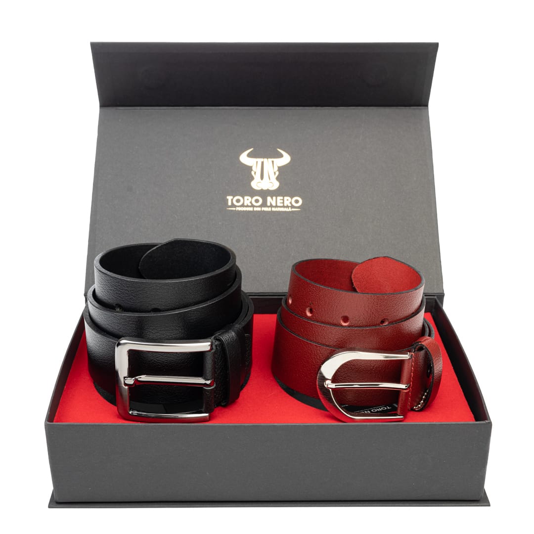 Set cadou din piele naturala curea femei+curea barbati negru-rosu Thick-Modern Night - 105 cm / 135 cm