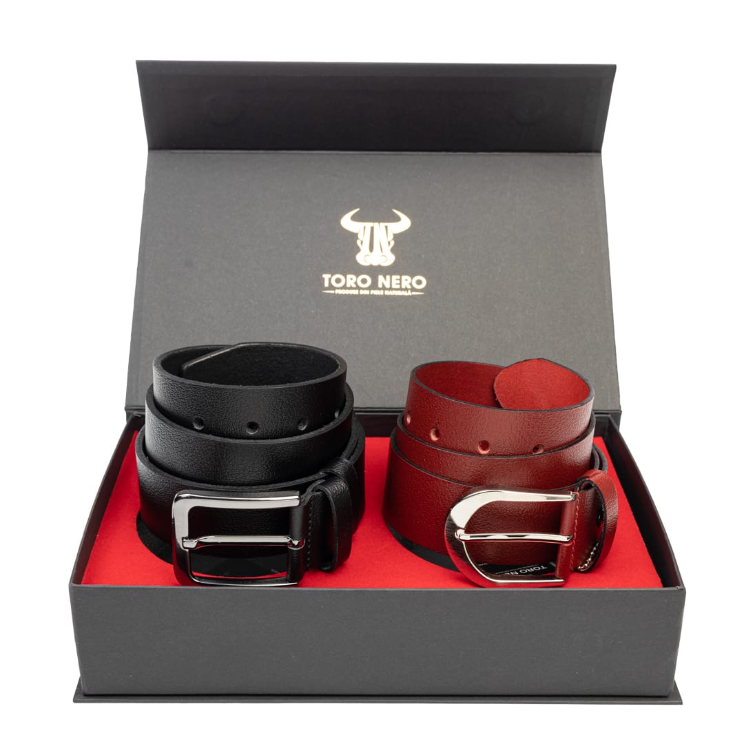 Set cadou din piele naturala curea femei+curea barbati negru-rosu Thick-Night - 125 cm / 135 cm
