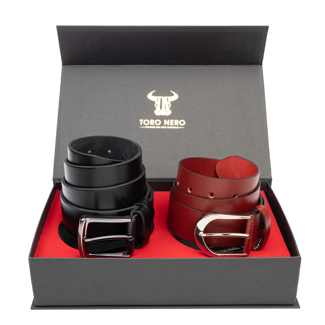 Set cadou din piele naturala curea femei+curea barbati negru-rosu Thick-Smooth - 120 cm / 135 cm