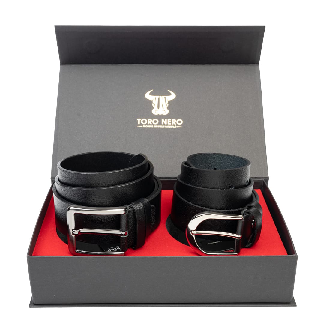 Set cadou din piele naturala curea femei+curea barbati negru Thick-Modern Night - 105 cm / 115 cm