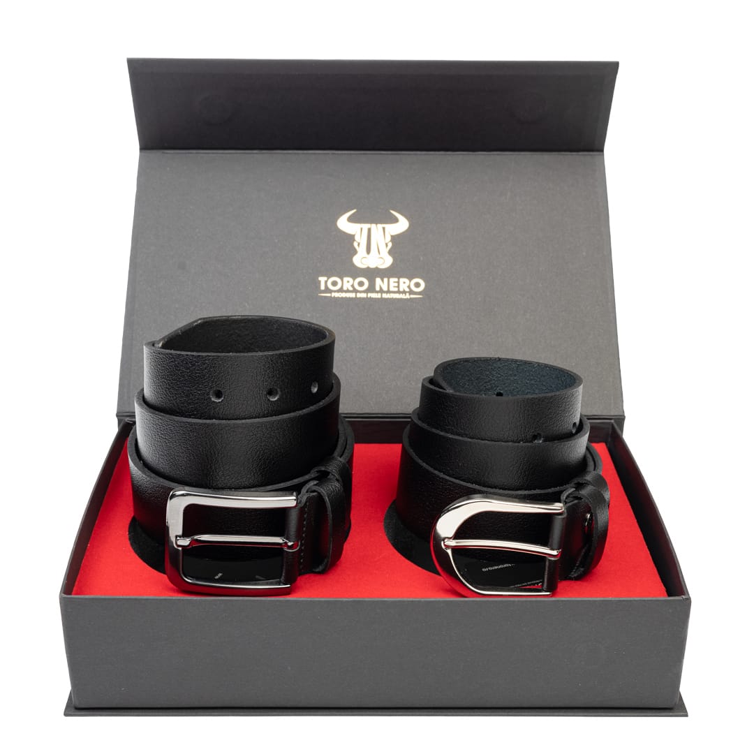 Set cadou din piele naturala curea femei+curea barbati negru Thick-Night - 110 cm / 125 cm