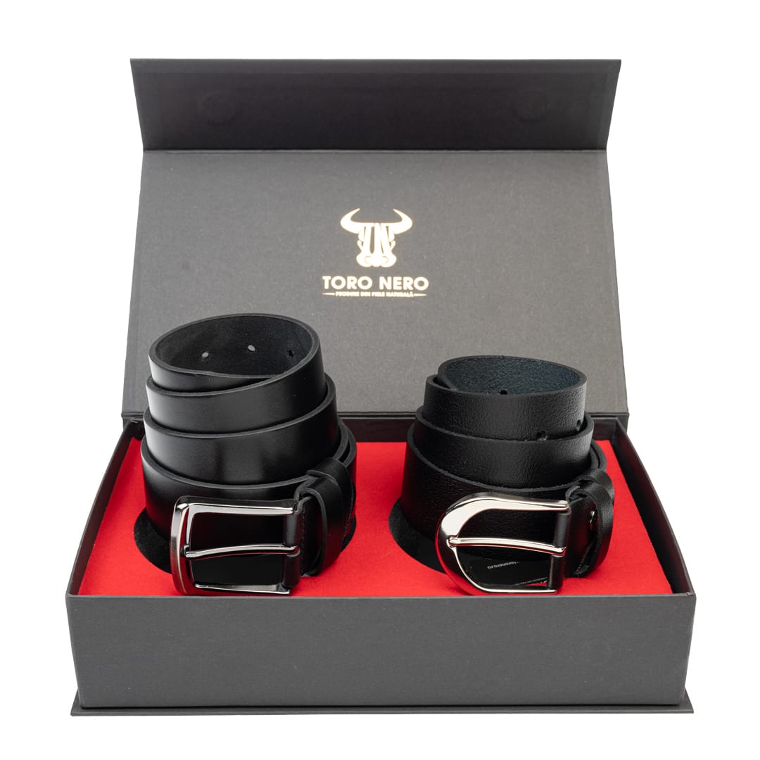 Set cadou din piele naturala curea femei+curea barbati negru Thick-Smooth - 125 cm / 135 cm