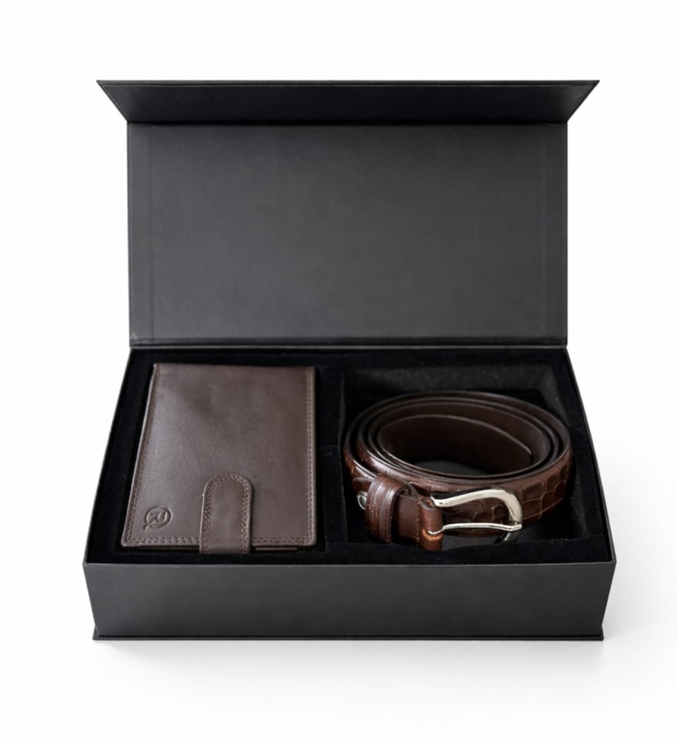 Set cadou pentru barbati, Portofel + Curea, piele naturala, model elegant, SET30, Maro - poza 1