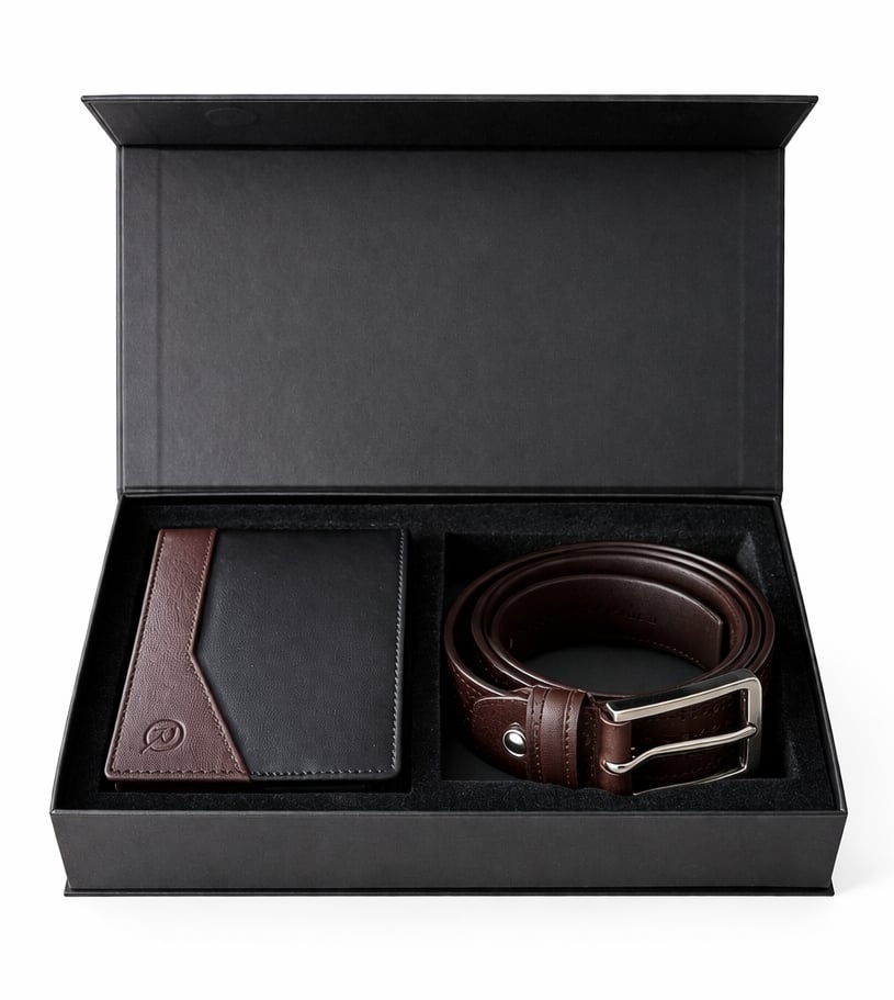 Set cadou pentru barbati, Portofel + Curea, piele naturala, model elegant, SET32, Maro/Negru - poza 1