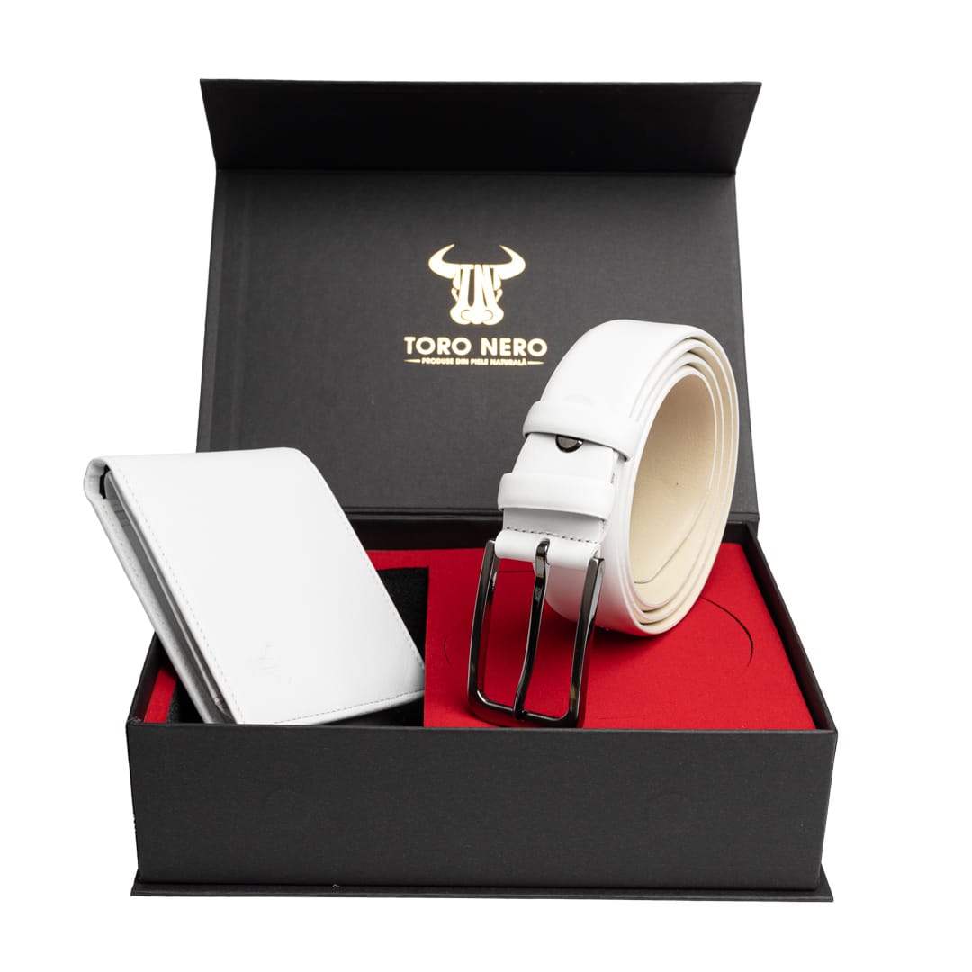 Set cadou portofel + curea din piele pentru barbati alb V.I.P - 135 cm