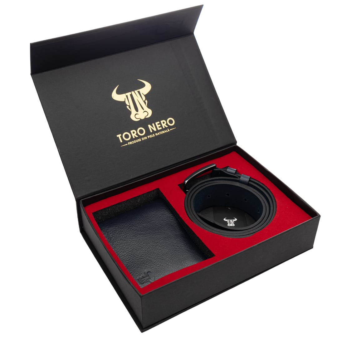Set cadou portofel + curea din piele pentru barbati albastru Sensation - 115 cm