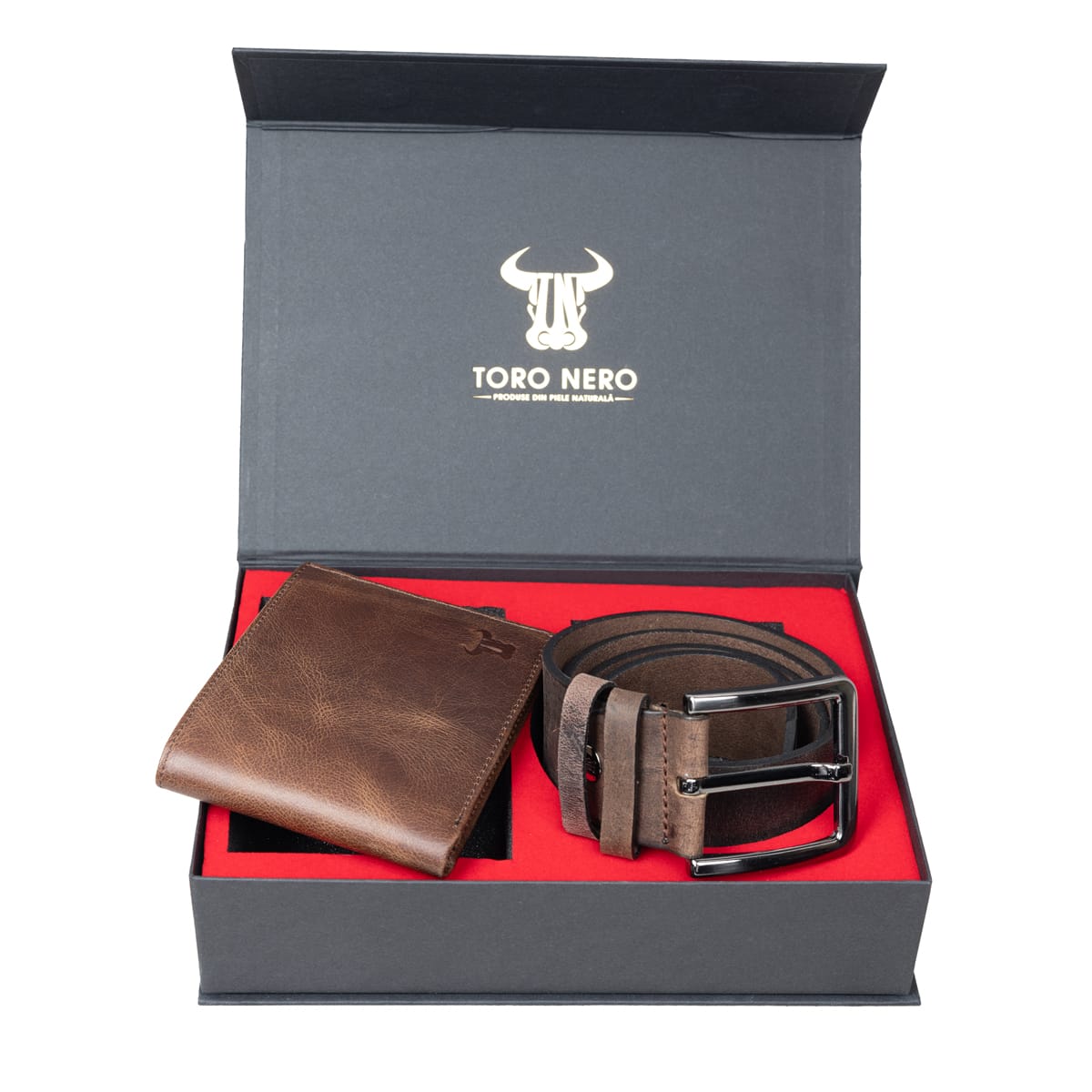 Set cadou portofel + curea din piele pentru barbati Brain coffee