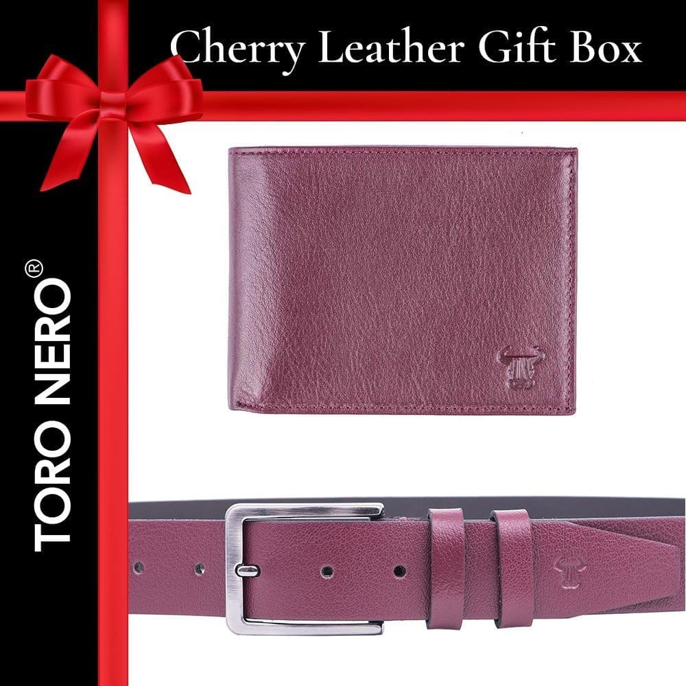 Set cadou portofel+curea din piele pentru barbati Cherry