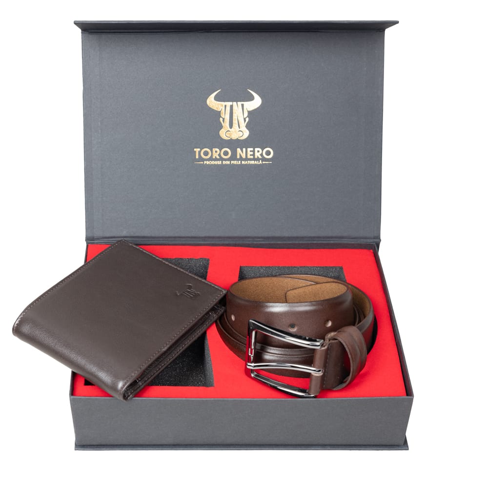 Set cadou portofel + curea din piele pentru barbati Ilias coffee