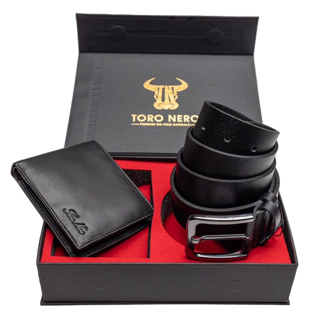 Set cadou portofel + curea din piele pentru barbati Manu-Night - 130 cm