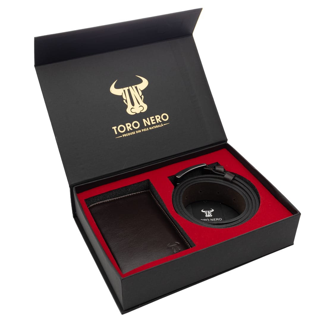 Set cadou portofel + curea din piele pentru barbati maro velok xxl - 150 cm