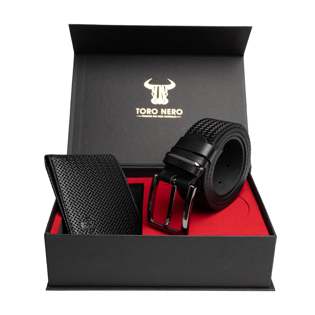 Set cadou portofel + curea din piele pentru barbati negru Eyelet - 115 cm