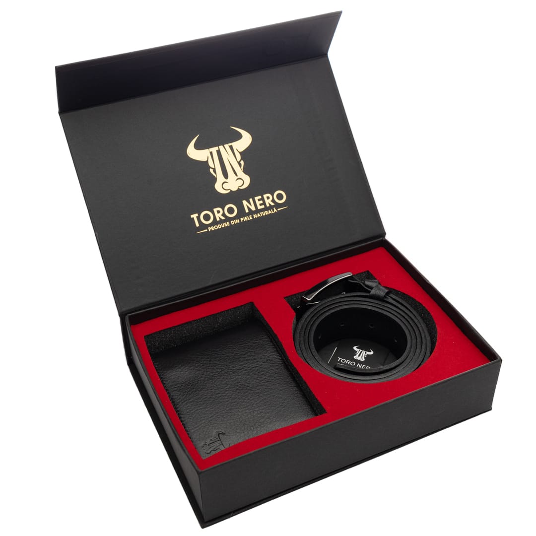 Set cadou portofel + curea din piele pentru barbati negru Muselles xxl - 140 cm