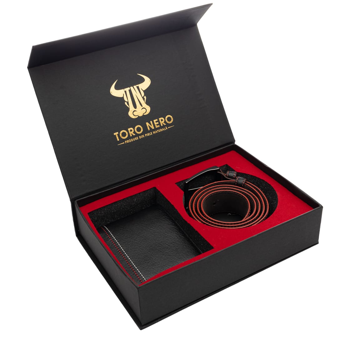 Set cadou portofel + curea din piele pentru barbati negru Red Line - 115 cm