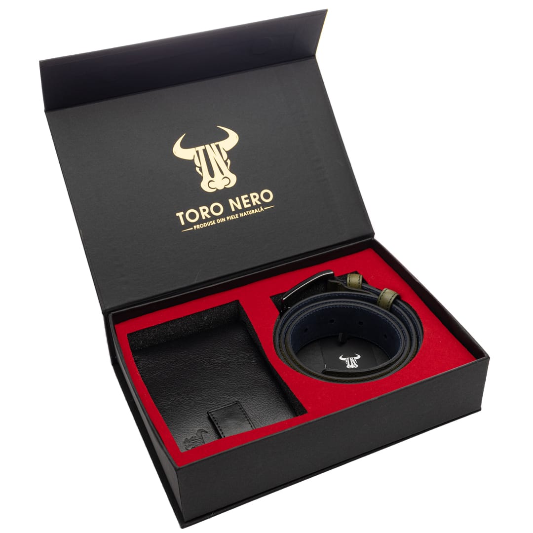 Set cadou portofel + curea din piele pentru barbati negru-verde Big Coin