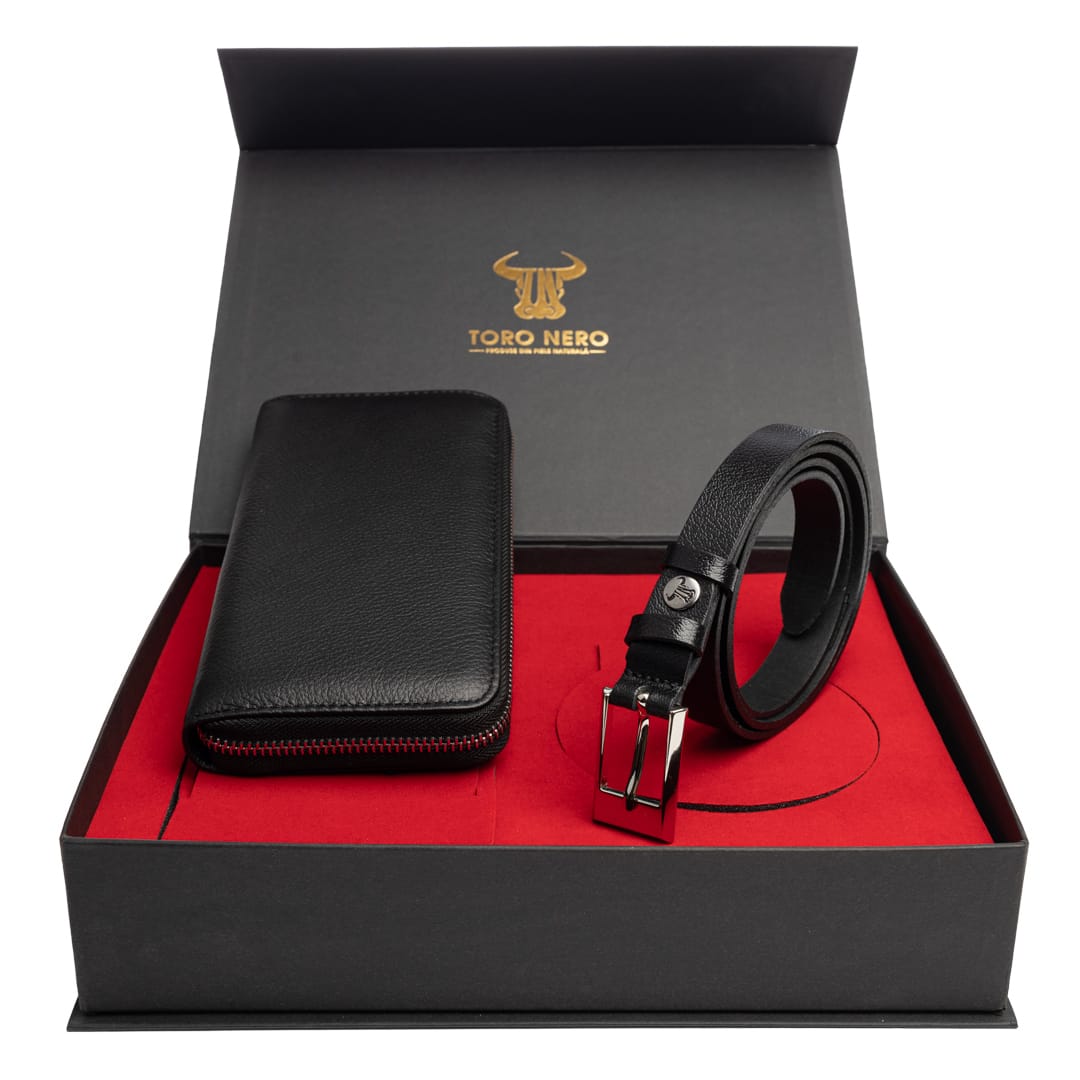 Set cadou portofel + curea din piele pentru femei negru Arya-Slim - 130 cm