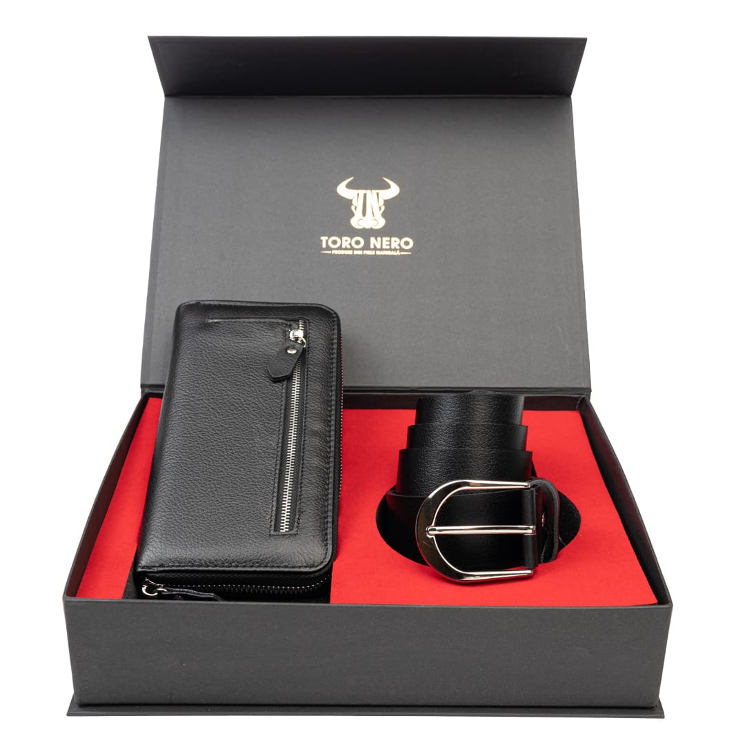 Set cadou portofel + curea din piele pentru femei negru Arya-Thick - 115 cm