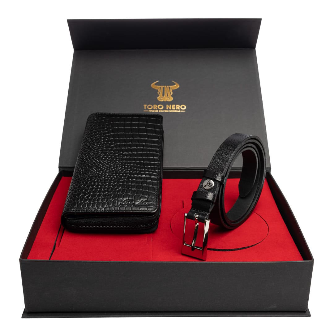 Set cadou portofel + curea din piele pentru femei negru Gia-Slim - 105 cm