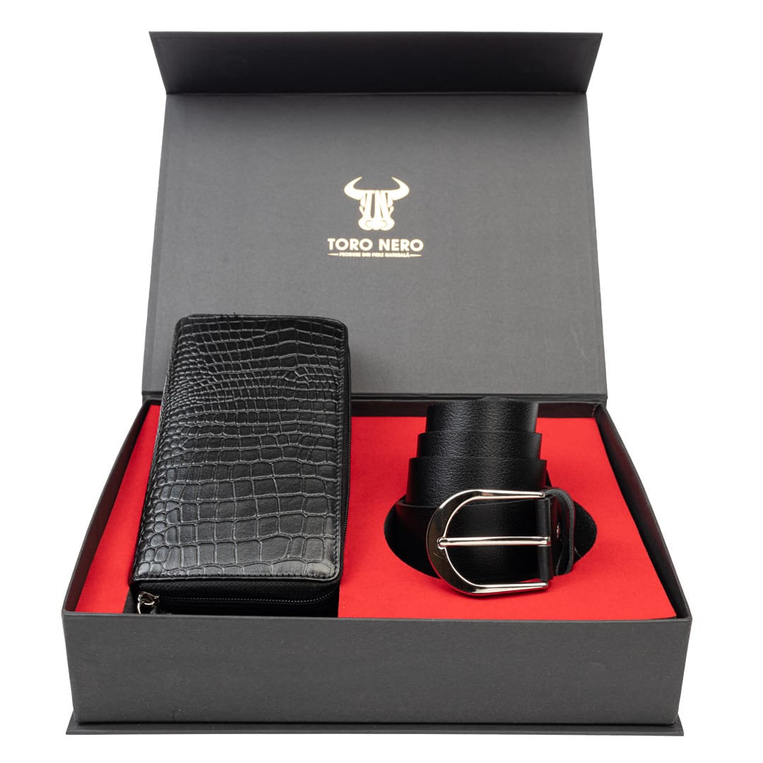 Set cadou portofel + curea din piele pentru femei negru Gia-Thick - 120 cm
