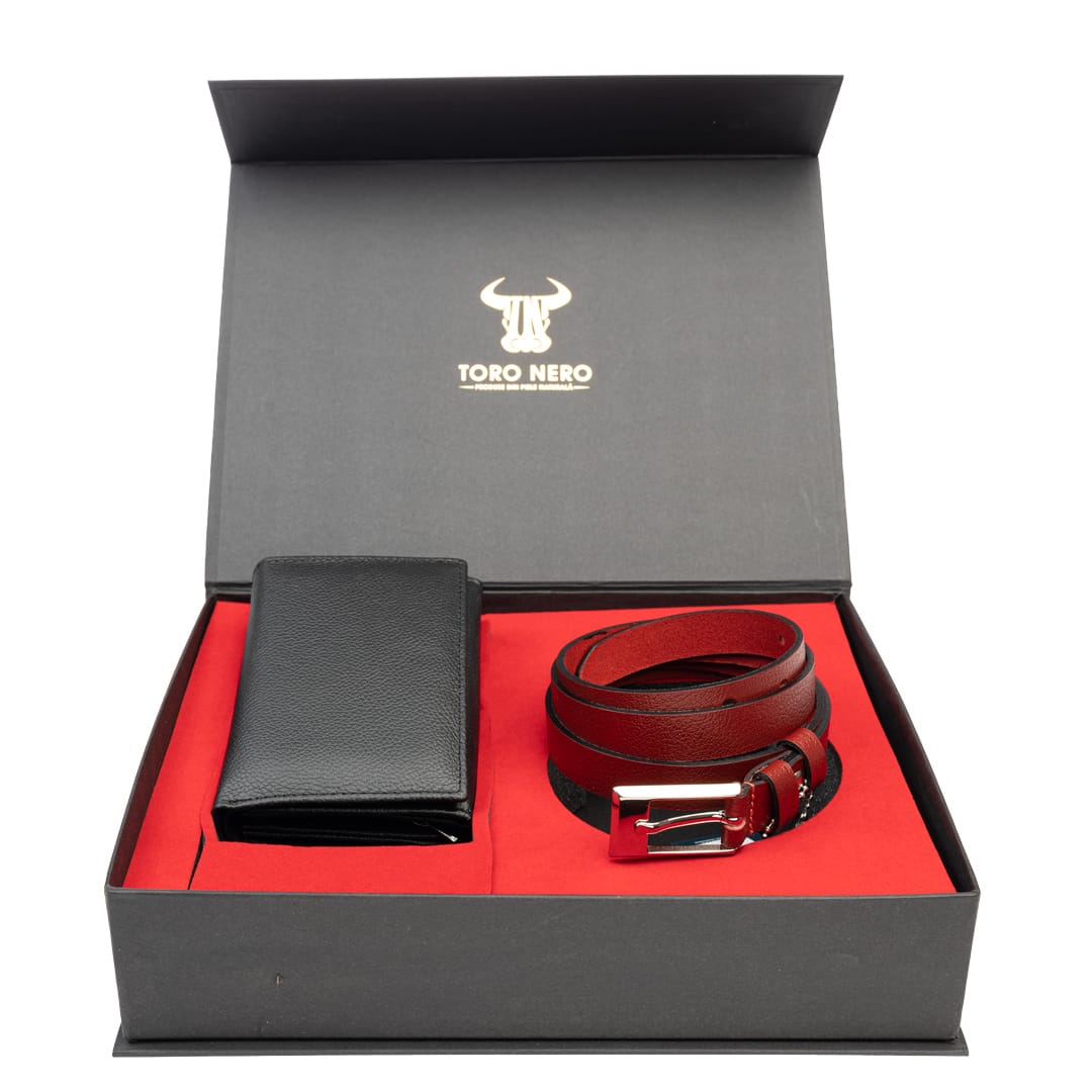 Set cadou portofel+curea din piele pentru femei negru-rosu Little-Slim - 105 cm