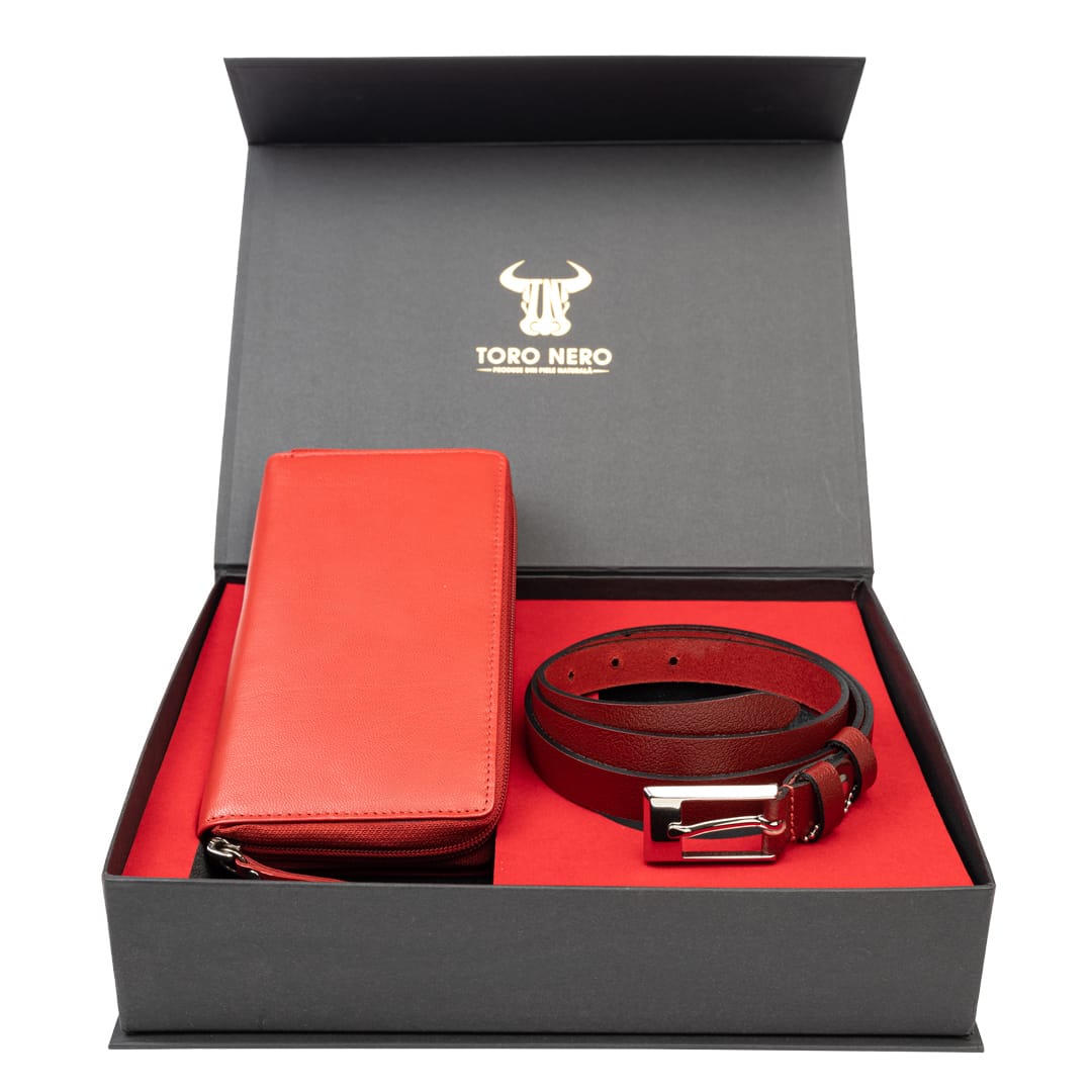 Set cadou portofel + curea din piele pentru femei rosu Gina-Slim - 120 cm